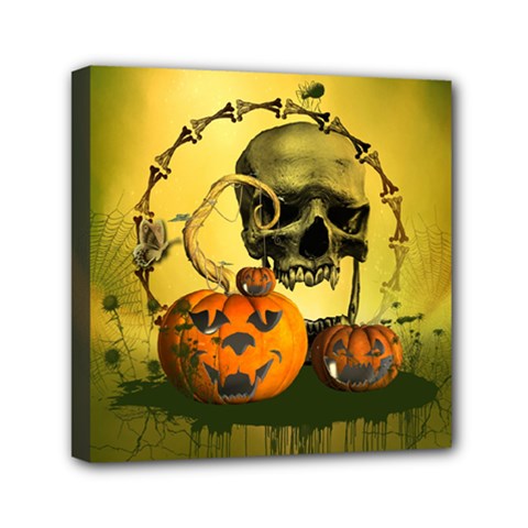 Halloween, Funny Pumpkins And Skull With Spider Mini Canvas 6  X 6 