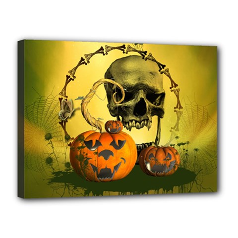 Halloween, Funny Pumpkins And Skull With Spider Canvas 16  X 12  by FantasyWorld7