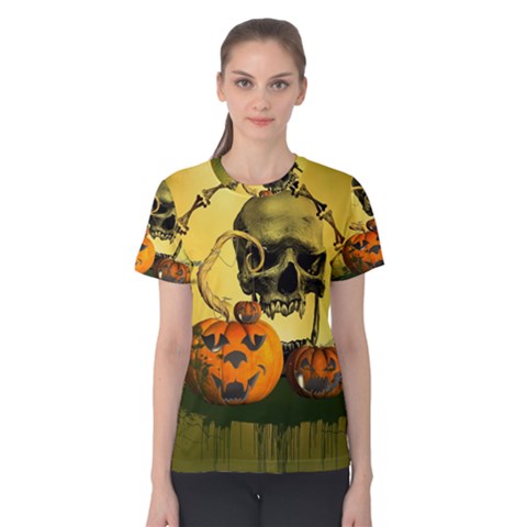 Halloween, Funny Pumpkins And Skull With Spider Women s Cotton Tee by FantasyWorld7