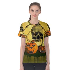 Halloween, Funny Pumpkins And Skull With Spider Women s Cotton Tee