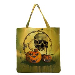 Halloween, Funny Pumpkins And Skull With Spider Grocery Tote Bag