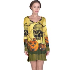 Halloween, Funny Pumpkins And Skull With Spider Long Sleeve Nightdress