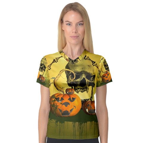 Halloween, Funny Pumpkins And Skull With Spider Women s V-neck Sport Mesh Tee by FantasyWorld7