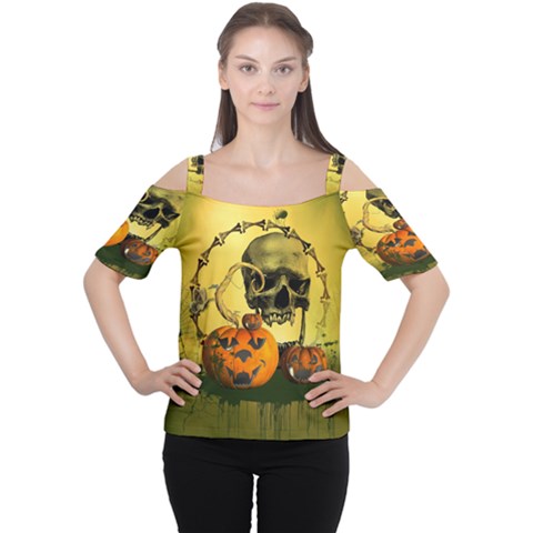 Halloween, Funny Pumpkins And Skull With Spider Women s Cutout Shoulder Tee by FantasyWorld7