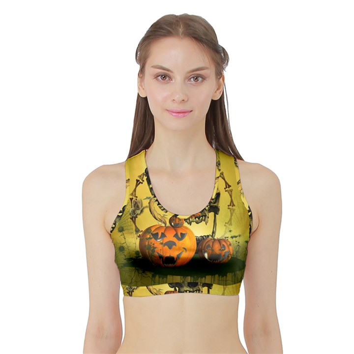 Halloween, Funny Pumpkins And Skull With Spider Sports Bra with Border