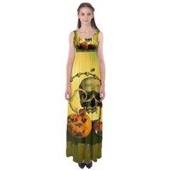 Halloween, Funny Pumpkins And Skull With Spider Empire Waist Maxi Dress by FantasyWorld7