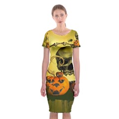 Halloween, Funny Pumpkins And Skull With Spider Classic Short Sleeve Midi Dress by FantasyWorld7