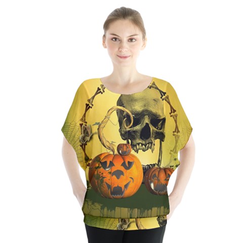 Halloween, Funny Pumpkins And Skull With Spider Blouse by FantasyWorld7