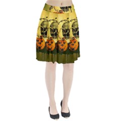 Halloween, Funny Pumpkins And Skull With Spider Pleated Skirt