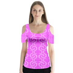 Pink Elegant Pattern Butterfly Sleeve Cutout Tee 