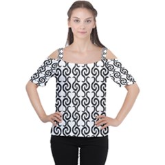 White And Black Elegant Pattern Women s Cutout Shoulder Tee