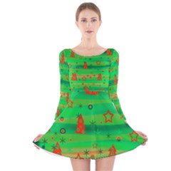 Green Xmas Magic Long Sleeve Velvet Skater Dress by Valentinaart