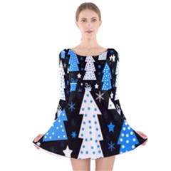 Blue Playful Xmas Long Sleeve Velvet Skater Dress