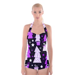 Purple Playful Xmas Boyleg Halter Swimsuit  by Valentinaart