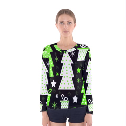 Green Playful Xmas Women s Long Sleeve Tee by Valentinaart