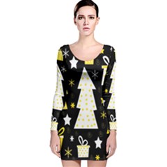 Yellow Playful Xmas Long Sleeve Velvet Bodycon Dress by Valentinaart