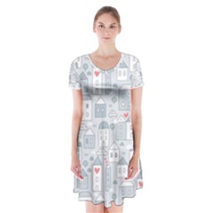 Houses Pattern Short Sleeve V-neck Flare Dress by kostolom3000shop