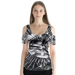 Black And White Passion Flower Passiflora  Butterfly Sleeve Cutout Tee 