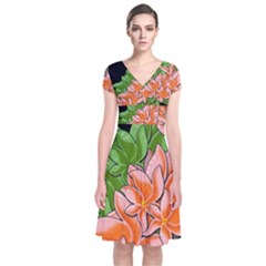 Decorative Flowers Short Sleeve Front Wrap Dress