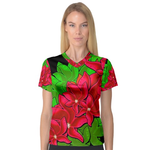 Xmas Red Flowers Women s V-neck Sport Mesh Tee by Valentinaart