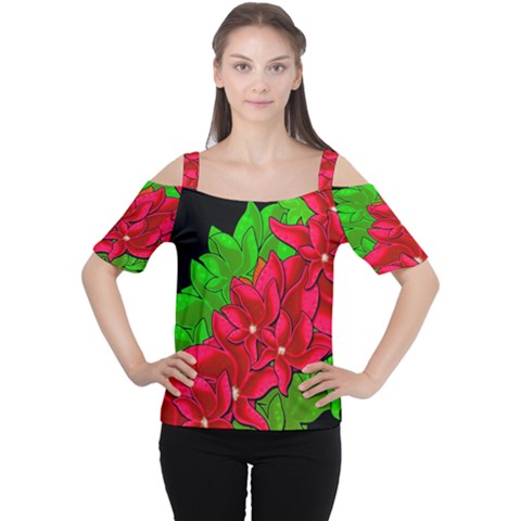 Xmas Red Flowers Women s Cutout Shoulder Tee by Valentinaart