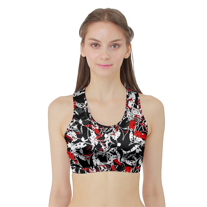 Red abstract flowers Sports Bra with Border