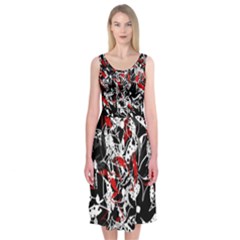 Red Abstract Flowers Midi Sleeveless Dress by Valentinaart