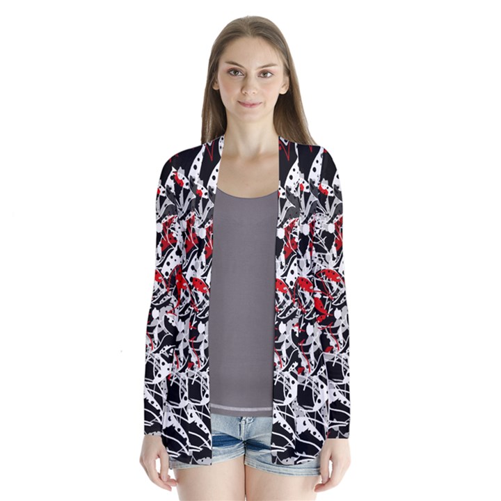 Red abstract flowers Drape Collar Cardigan