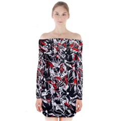 Red Abstract Flowers Long Sleeve Off Shoulder Dress by Valentinaart