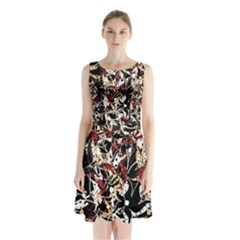 Abstract Floral Design Sleeveless Chiffon Waist Tie Dress