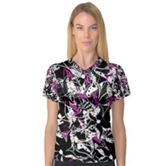 Purple Abstract Flowers Women s V-neck Sport Mesh Tee