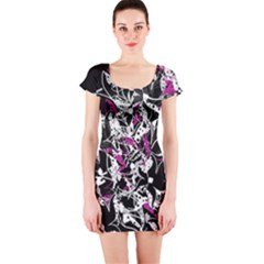 Purple Abstract Flowers Short Sleeve Bodycon Dress