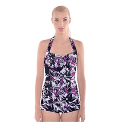 Purple Abstract Flowers Boyleg Halter Swimsuit 