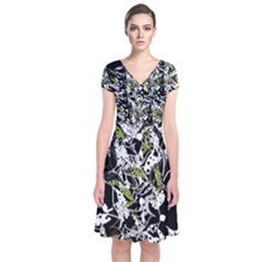 Green Floral Abstraction Short Sleeve Front Wrap Dress