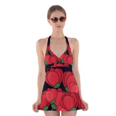 Red Tulips Halter Swimsuit Dress