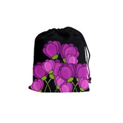 Purple Tulips Drawstring Pouches (medium)  by Valentinaart