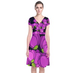 Purple Tulips Short Sleeve Front Wrap Dress