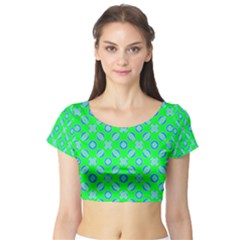 Mod Blue Circles On Bright Green Short Sleeve Crop Top (tight Fit)