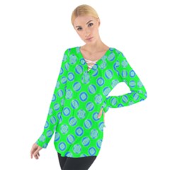 Mod Blue Circles On Bright Green Women s Tie Up Tee