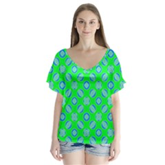 Mod Blue Circles On Bright Green Flutter Sleeve Top