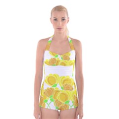 Yellow Flowers Boyleg Halter Swimsuit 