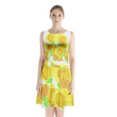 Yellow Flowers Sleeveless Chiffon Waist Tie Dress