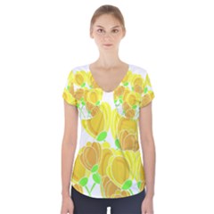 Yellow Flowers Short Sleeve Front Detail Top