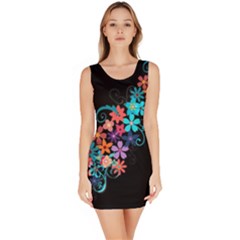 Coorful Flower Design On Black Background Sleeveless Bodycon Dress