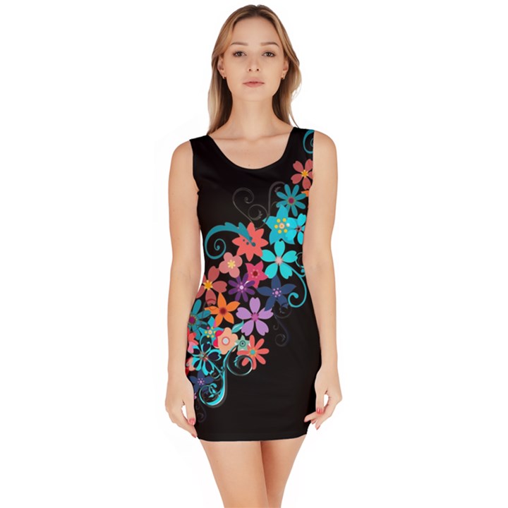 Coorful Flower Design On Black Background Sleeveless Bodycon Dress