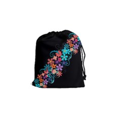 Coorful Flower Design On Black Background Drawstring Pouches (small)  by GabriellaDavid