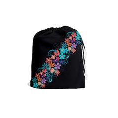 Coorful Flower Design On Black Background Drawstring Pouches (medium)  by GabriellaDavid