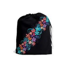 Coorful Flower Design On Black Background Drawstring Pouches (large)  by GabriellaDavid