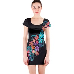 Coorful Flower Design On Black Background Short Sleeve Bodycon Dress