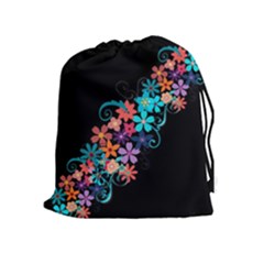 Coorful Flower Design On Black Background Drawstring Pouches (extra Large) by GabriellaDavid